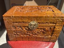 Antique Chinese Camphor Wood Hand Carved Hinged Jewelry Box Tabletop Decor picture