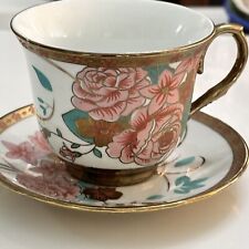 Loraine Teacup and Saucer Pink Flower Roses Metallic Gold Bottom On Saucer Handl picture