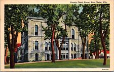 Eau Claire Wisconsin County Court House Lawn Trees 1938 Teich Linen Postcard  picture