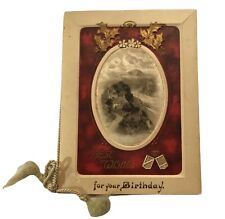 Victorian Era Greeting Card Birthday River Scene Red Gold Cord Tassel 1911 Eph picture