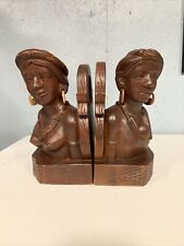 Vintage Philippines Hand Carved Wooden Bookends Tribal Man And Woman Rosas picture