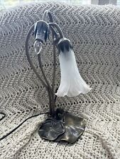 Brass Tiffany Style Lily Pad Table Lamp Art Glass 3 Head 1 Frosted Tulip Shade picture