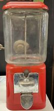 Vintage Acorn 1 Cent Penny Gumball Machine Red Cast Glass Globe Oak No Key Works picture