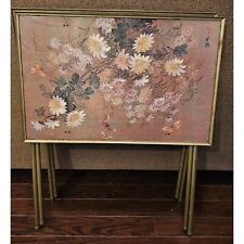 Vintage 60s (2) Folding TV Tray Stands Faux Wood Floral Butterfly Pattern Pastel picture