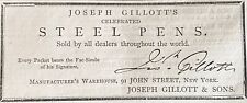 RARE 1869 JOSEPH GILLOTT'S STEEL PENS Original Antique Print Ad w/his Signature picture