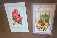 2 Antique Greetings Postcards - Roses Windmill Good Wishes picture