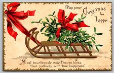 Vintage Postcard Christmas Greeting Sled Flowers Red Bow Clapsaddle *C6812 picture