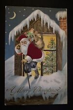 Silk Santa Claus on Snowy Roof with Toys~Antique Christmas Postcard~k-31 picture