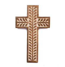 NIRMAN Mango Wood Religious Catholic Cross Wall Hanging Floral Carvings...  picture