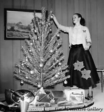 Decorating an Aluminum Christmas Tree 1960s - Vintage Photo Print picture