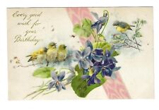 c1907 Birthday Greetings Postcard Purple Flowers, Birds Embossed picture