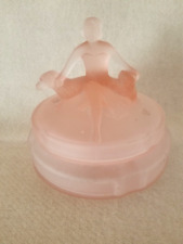 Vintage Art Deco Pink Satin Glass Powder Jar & Lid Girl With Dogs picture