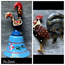 Vintage Brass Rooster Bell and Metal Rooster Magnet Multicolor Farmhouse Decor picture