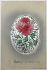 Postcard Birthday Greetings Pink Silk Rose Silver Oval Boarder Embossed picture