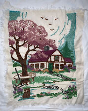 Vintage Crewel Embroidered House Tree Garden Tools 15x18 picture