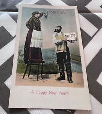 Antique Jewish New Year's Card Wife on Chair Husband with Sign picture