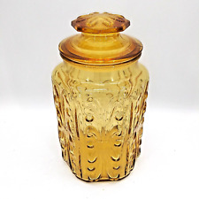 Vintage 1970s LE Smith Imperial Amber Glass scroll Canister Jar With Lid 9.5
