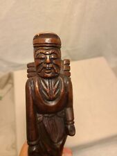 Antique Oriental Asian Hand Carved Wooden Man Carrying Stacked Wood On Backpack picture