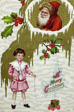 Early 1900's Santa Claus Brown Fur Trim Hat Child Playing Christmas Postcard picture