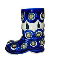 Polish Pottery Boleslawiec Peacock Boot Vase Figurine Poland Blue Dots New picture