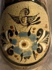 Vintage Mexican Folk Art Pottery Sandstone Vase Blue Floral Bird Signed Netzi picture