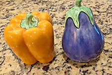 Vtg 1980's Clay Art Large size Eggplant and Yellow Pepper Salt & Pepper Shakers picture