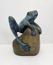 Vtg Bronze Patina Brass Tree Frog on Rock Statue Sculpture Paperweight Figurine picture