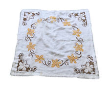 Vtg. Linen Table/Dresser Scarf Embroidered Cross Stitched Flowers White Yellow picture