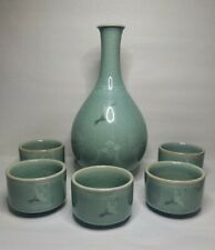 Japanese Celadon 6 Piece Sake Serving Set Sage Green Beautifully Crazed Vintage picture