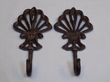 Pair of 2 Black Cast Iron Wall Decor Coat Hook Shell Rustic Old Design Lot Set 2 picture
