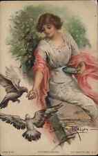 Lester Ralph Beautiful Woman Feeding Doves c1910 Vintage Postcard picture