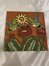 Hand Painted Hand Hand Tile Trivet Hummingbirds Cactus By Earthtones Marked USA picture