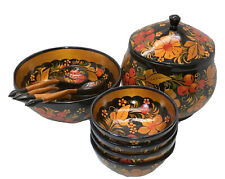 Vintage Russian Khokhloma Wooden Hand Painted Lacquer Set: Tureen 4Bowls 4Spoons picture