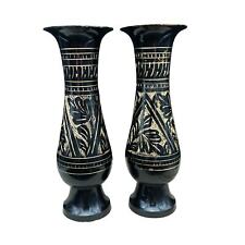 Pair of Vintage Meenakari Enameled Metal Etched Black Brass Candle Holders/Vases picture