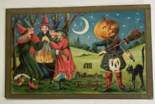 Vintage Halloween Postcard ~ Witches Cauldron Scottish Jack-O-Lantern Cat picture