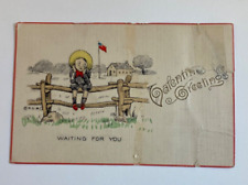 1912 Valentine Greetings Postcard, Made in Germany, Handemeossed, child on fence picture