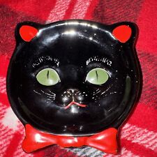 VINTAGE SHAFFORD JAPAN HAND PAINTED  BLACK CAT ASHTRAY WITH RED & GREEN picture