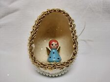 VTG Real Egg Diorama Christmas Ornament Pearly Trim Wood Girl Angel Animal Back  picture