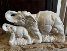 LARGE Vintage Mid Century Ceramic Elephant Statue Glazed White Lucky Trunk Up picture