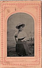 1860-1869 ID'd Sister Elsie Tintype Woman Big Hat Chair Studio Setting Portrait  picture