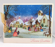 Vintage Snow Village Night Christmas Crinoline 1940's Used Greeting Card (EB7847 picture