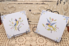 2 Antique French Salvage Hand Painted Ceramic Bird Tiles picture