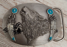 Siski you Belt Buckle ~ 1993 Detailed Dimensional Wolf / Feathers Metal / Enamel picture