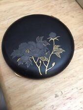 Vintage 1940-50s Black Floral Gold Powder Compact Unmarked 3 1/4” Round picture