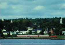 Wiscasset ME Red Excursion Train Waterfront Church Spires Homes Flag Cars picture