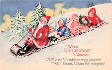 Antique Christmas Card Santa Sled Children Tree Snow Winter Vtg Postcard D61 picture