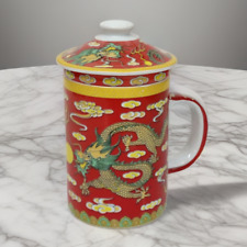 Chinese Porcelain Red Dragon Mug with Infuser Strainer with Lid   F5270 picture