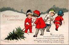 Clapsaddle Christmas Postcard Children Red Coats Pull Tree Across Snow 1916 JB29 picture