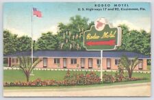 Kissimmee Florida~Rodeo Motel~Roadside~Flag on Lawn~Linen Postcard picture