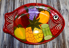 Vintage Talavera Fish Shaped Platter Plate Colorful Folk Art Redware Clay Glazed picture